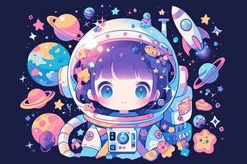 Wall Mural - adorable anime chibi girl in spacesuit and helmet surrounded by planets and rockets on dark blue bac