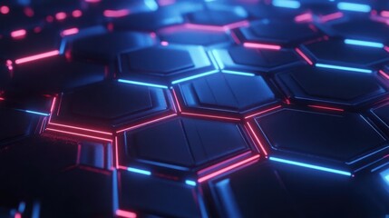 Fototapete - Futuristic Neon Hexagonal Pattern with Blue and Red Glowing Lines