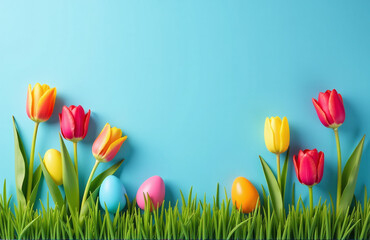 Poster - Colorful Tulips And Easter Eggs Adorn A Bright Blue Background In This Vibrant Springtime Scene.