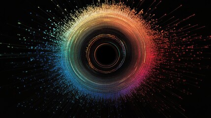 Poster - Circular Pattern with Colorful Particles in Motion on Black Background