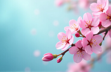 Poster - Colorful Sakura Blossoms On A Light Blue Background With Bokeh And A Banner Wishing A Happy Easter From Above.