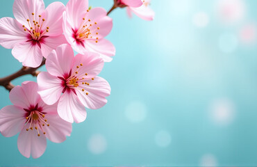 Poster - Colorful Sakura Blossoms On A Light Blue Background With Bokeh And A Banner Wishing A Happy Easter From Above.