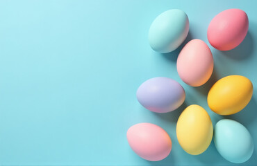 Aufkleber - Colorful Pastel Easter Eggs Arranged Artfully On A Soft Blue Background In A Flat Lay Composition Showcasing Their Topside.