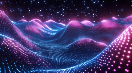 Fototapete - Abstract Digital Landscape with Colorful Waves and Starry Sky