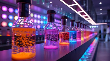 Fototapete - Bottles containing colorful liquids are arranged on a sleek surface, illuminating the modern laboratory with bright hues and creating an enchanting atmosphere in the evening.