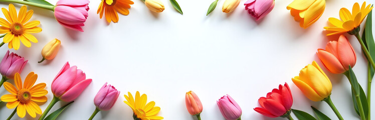 Aufkleber - Colorful Flower Frame With Flat Lay And Top View On A Clear White Background, Ideal For Spring Holidays.