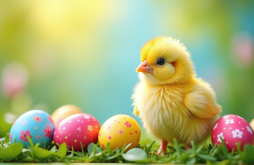 Poster - Colorful Easter Scene With Happy Chick And Decorated Eggs In A Vibrant Easter Background On A Spring Day Outside.