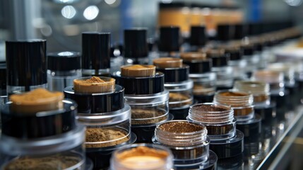 Poster - A variety of cosmetic powders are organized neatly in transparent jars on a production line in a contemporary beauty manufacturing plant, showcasing multiple shades and textures.