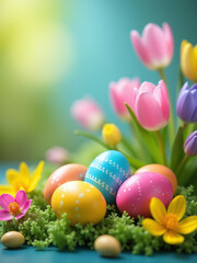 Poster - Colorful Easter Scene With Selective Focus On Top Of Easter Eggs And Colorful Spring Flowers In A Blurred Background.
