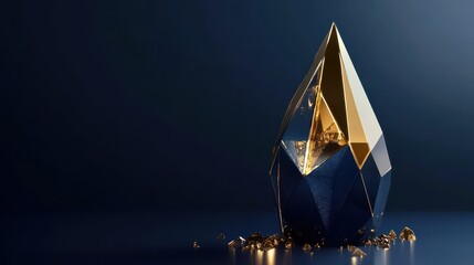 Poster - Shiny geometric sculpture with golden accents and blue base design