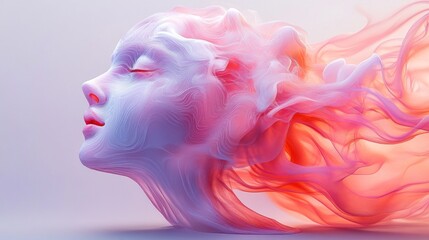 Poster - A sculptural face emerges amidst soft, flowing strands of vibrant colors. The combination of textures creates a calming, dream-like ambiance that evokes wonder and serenity