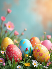 Poster - Colorful Easter Eggs Are Nestled In A Happy, Vibrant Decorative Background, Creating A Cheerful Springtime Atmosphere Overall Perfectly.