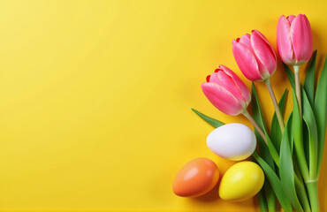 Aufkleber - Colorful Easter Eggs And Pink Tulips Sit On A Bright Yellow Background In This Stylish Flat Lay Design.