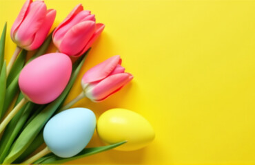 Aufkleber - Colorful Easter Eggs And Pink Tulips Sit On A Bright Yellow Background In This Stylish Flat Lay Design.
