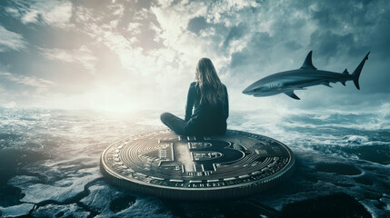 Poster - Bitcoin money, finance concept, vector illustration, flat tiny business woman character sit at huge crypto currency coin in ocean, shark swim around