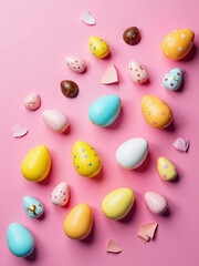 Aufkleber - Colorful Easter Eggs And Chocolate Lie Flat In A Modern Composition Against A Bright Pink Background With Simple Greeting Cards Nearby.