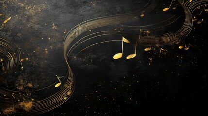 Wall Mural - golden musical notes flowing on dark background with sparkle effects