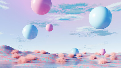 Wall Mural - 3D render, Surreal floating spheres in pink and blue landscape with soft clouds