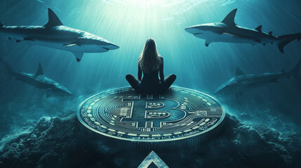 Poster - Bitcoin money, finance concept, vector illustration, flat tiny business woman character sit at huge crypto currency coin in ocean, shark swim around