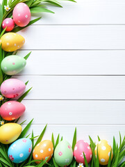 Poster - Colorful Easter Banner With Double Egg Side Border Against A White Wood Background Features A Large Copy Space Above It.