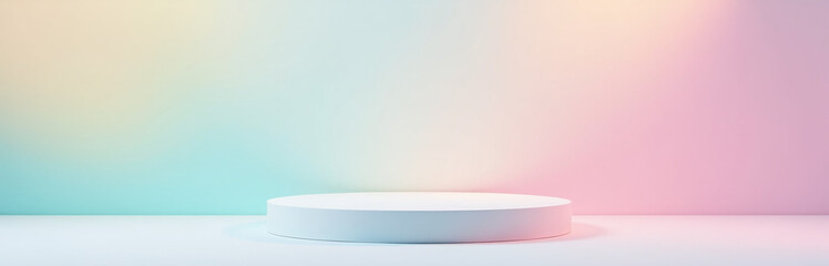 Poster - Clean Podium Featuring A Soft Rainbow Gradient For Spring, White Background Detailed Light Refractions, Realism