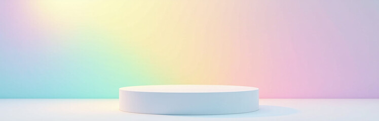 Poster - Clean Podium Featuring A Soft Rainbow Gradient For Spring, White Background Detailed Light Refractions, Realism