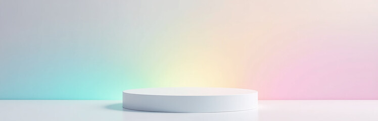 Poster - Clean Podium Featuring A Soft Rainbow Gradient For Spring, White Background Detailed Light Refractions, Realism