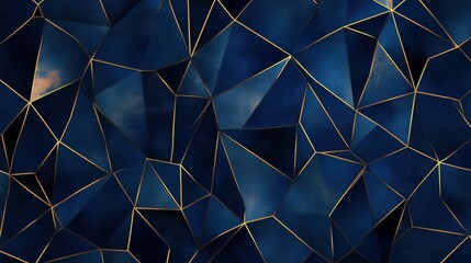 Poster - Abstract Dark Blue Geometric Background with Golden Lines and Triangles