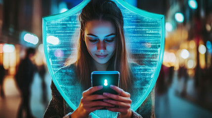 Poster - Digital security technology concept, vector illustration, tiny woman character enter password in huge smartphone with shield, internet protection
