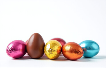 Aufkleber - Chocolate Eggs Wrapped In Bright Foil Are Set Against A Clean White Background As Part Of A Colorful Banner Design.