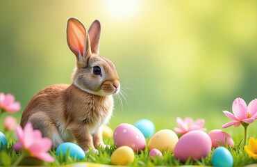 Poster - Bunny, Easter Eggs, And Colorful Spring Flowers Adorn A Soft Focus Background In This Vibrant Easter Celebration Scene.
