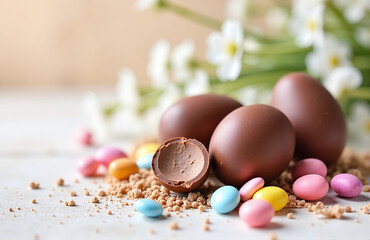 Poster - Broken Easter Chocolate Eggs And Colorful Sweet Candies Sit On A Light Background Amidst Festive Springtime Decor.