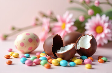 Poster - Broken Easter Chocolate Eggs And Colorful Sweet Candies Sit On A Light Background Amidst Festive Springtime Decor.