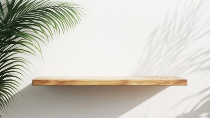 Poster - Modern Wooden Shelf with Green Plant and Soft Shadow on Wall