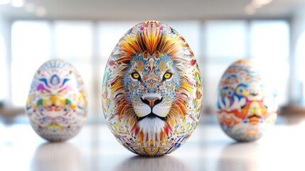 Poster - Colorful artistic eggs featuring detailed lion and animal designs in a modern setting