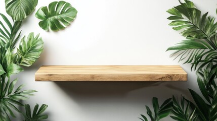 Poster - Minimalist Wooden Shelf Surrounded by Lush Tropical Leaves