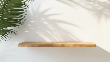 Poster - Floating Wooden Shelf with Soft Shadows from Tropical Leaves
