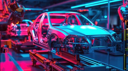 Poster - Fully automated car production line assembling sleek, modern vehicles under bright industrial lights.