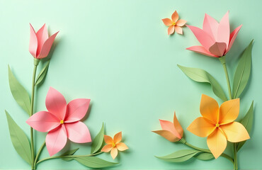 Poster - Beautiful Paper Cut Art Featuring Pink And Yellow Origami Flowers On A Soft Green Pastel Background With Springtime Design Elements.