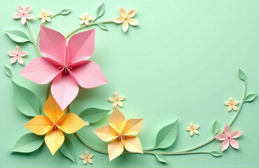 Poster - Beautiful Paper Cut Art Featuring Pink And Yellow Origami Flowers On A Soft Green Pastel Background With Springtime Design Elements.