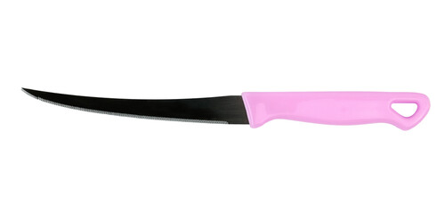 curved knife with pink handle designed for kitchen use. png on transparent background