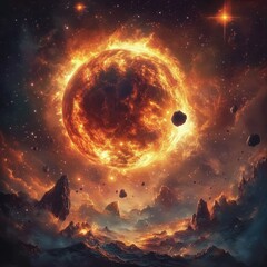Wall Mural - dramatic cosmic vista featuring a fiery sun surrounded by asteroids and celestial clouds creating a 