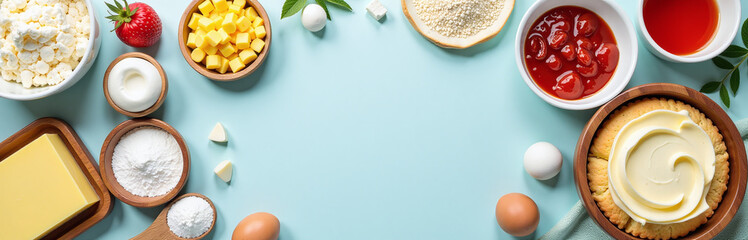 Poster - Bake Ingredients Arranged On A Kitchen Table With A Pastel Background And Copy Space For Website Design.