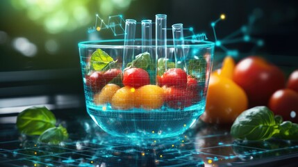 Poster - Futuristic molecular gastronomy lab with test tubes and digital food analysis.
