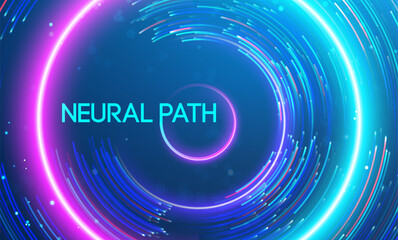 Fototapete - Neural path depicted through glowing circular light trails in a digital design. Big data and data science integration with advanced technology and artificial intelligence concepts.