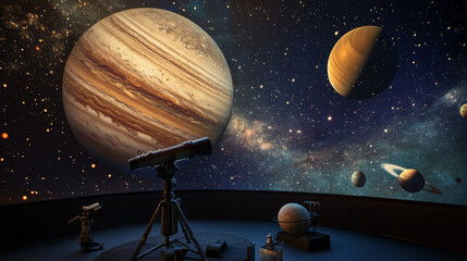 Poster - Astronomy set schoolboy in planetarium vector astronomical objects of planets in solar system, moon phases, telescope isolated.