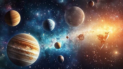Poster - Astronomy set schoolboy in planetarium vector astronomical objects of planets in solar system, moon phases, telescope isolated.