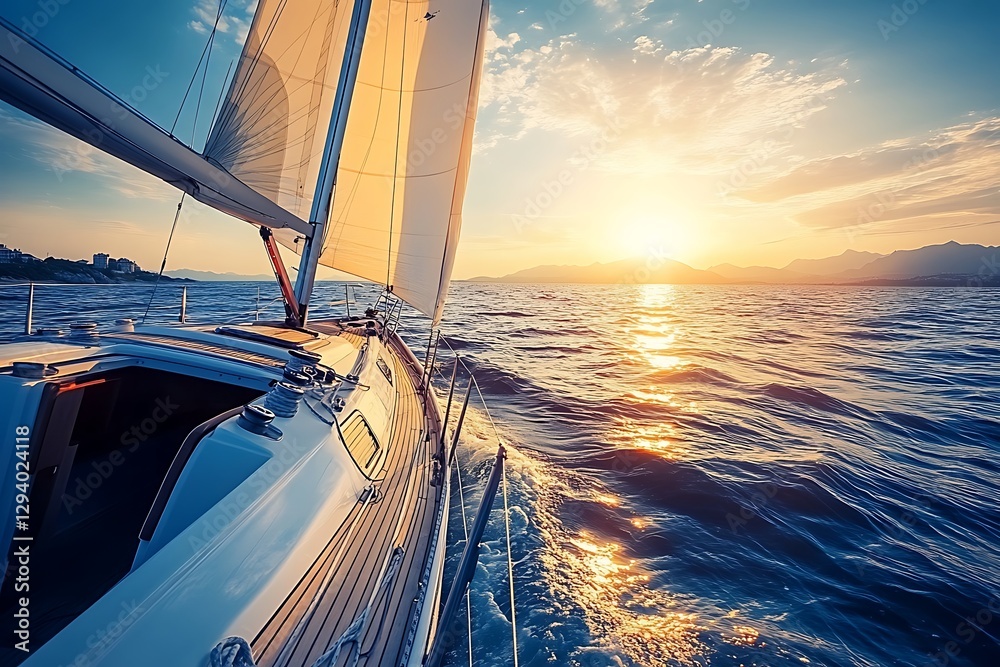 A beautiful yacht sailing towards the stunning evening sunset sky Stock ...