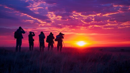Poster - A group of photographers stands silhouetted against a stunning sunset, capturing the vibrant hues of orange, pink, and purple while surrounded by the tranquility of nature.