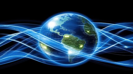 Poster - Global internet communication represented by a glowing Earth with data streams.